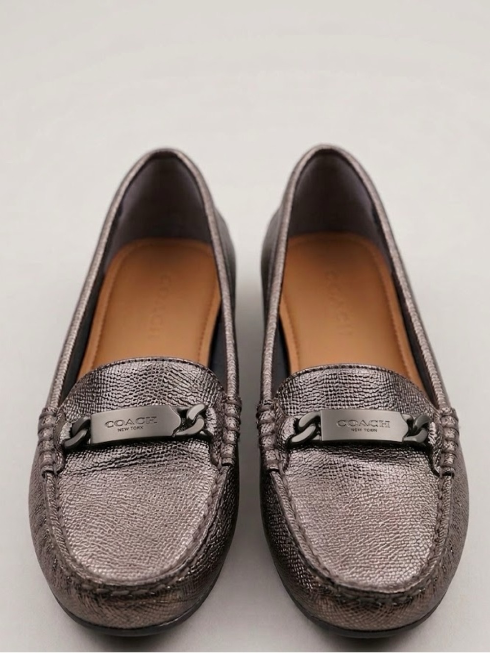 COACH Metallic Pewter Leather Driving Loafers Gunmetal